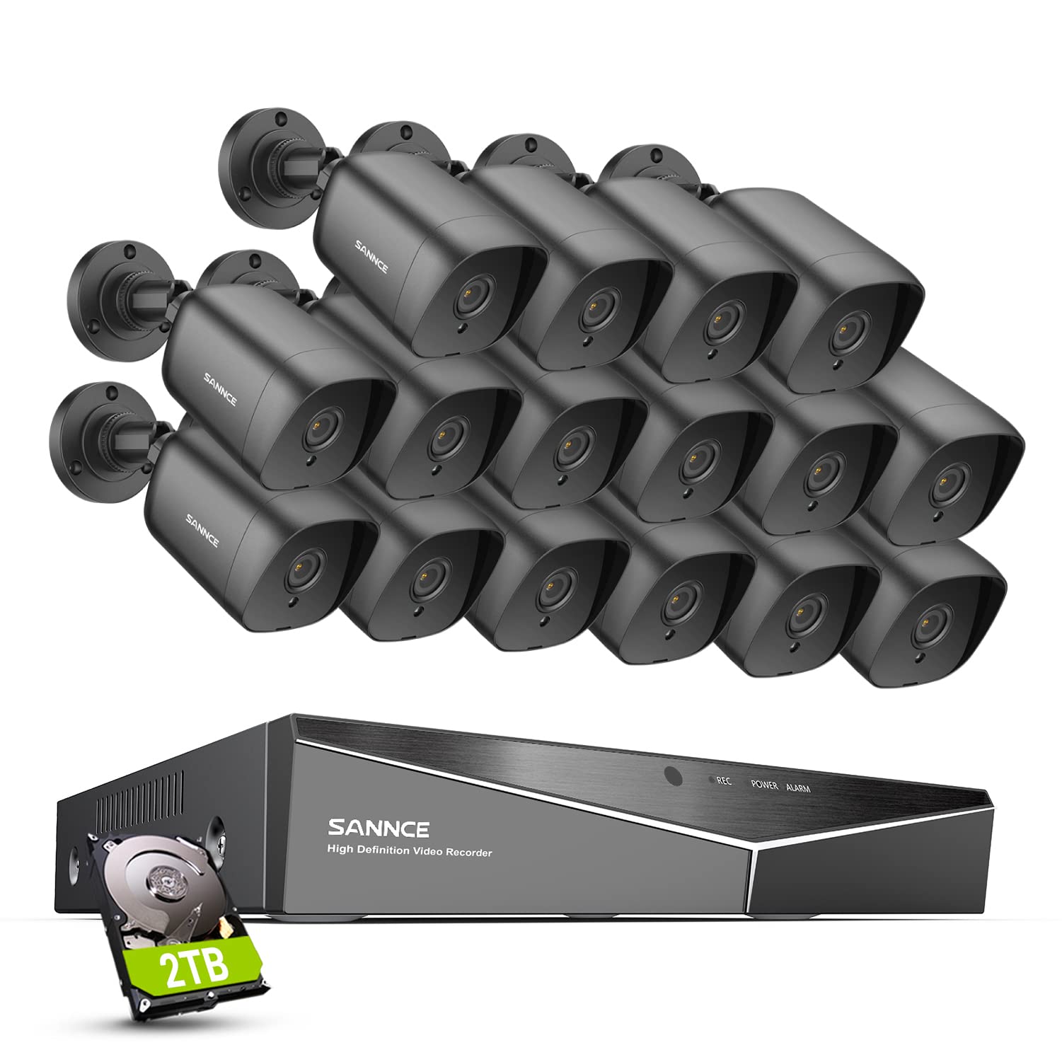 SANNCE Überwachungskamera-Set, 16 Kanäle, DVR, 1080p, 16 Kameras, 2 MP, Videoüberwachungssystem, IP66, wasserdicht, Nachtsicht, 2 TB HDD