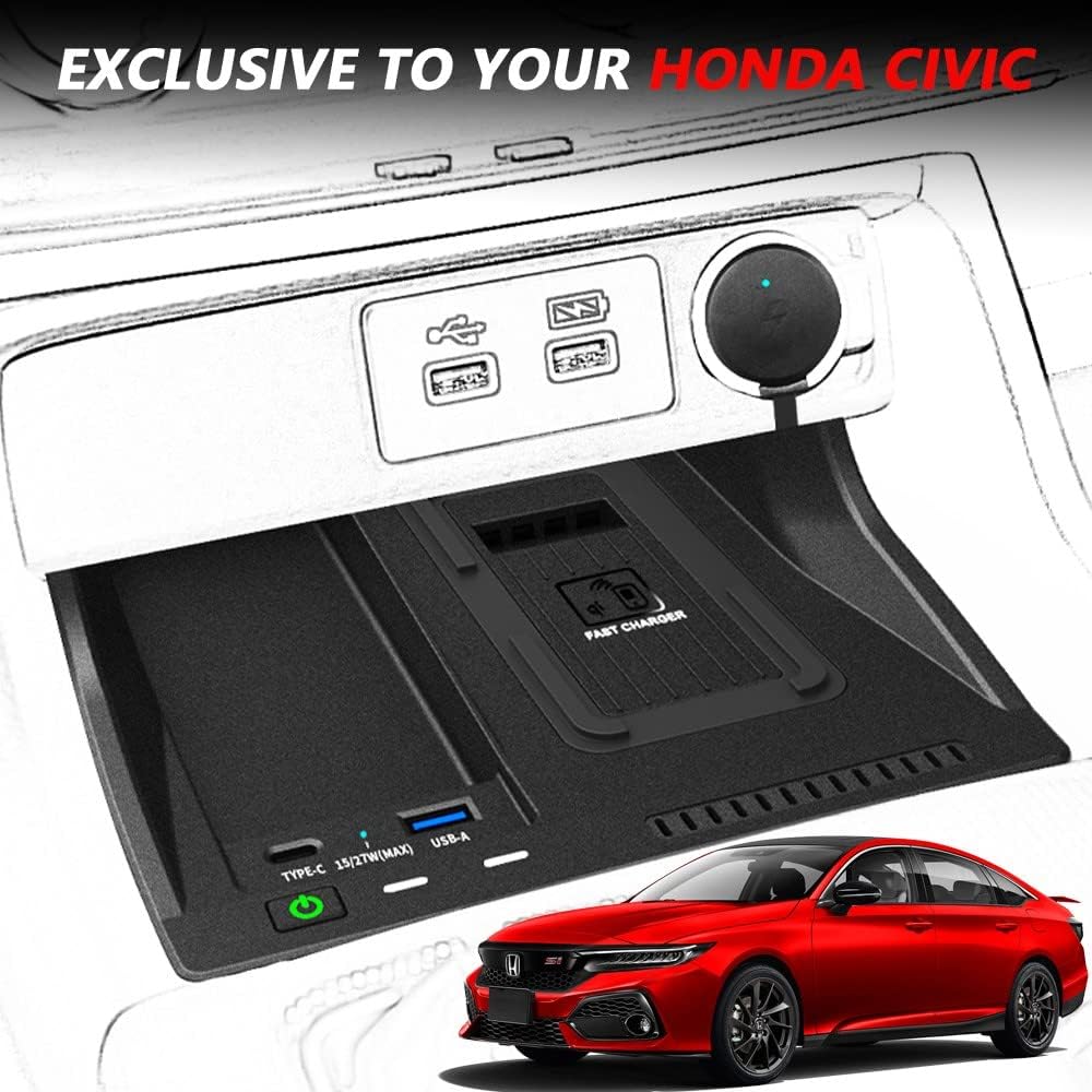 Wireless Car Charger for Honda Civic, 15W Fast Charging Phone Charger Pad for Center Console Accessory Panel, Gift for Civic Owners