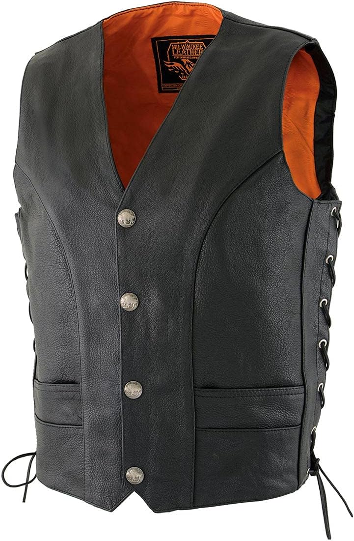 Milwaukee Leather ML1369 Men's Black Premium Leather Side Lace Motorcycle Rider Vest w/Buffalo Nickel Snaps Closure - Image 9