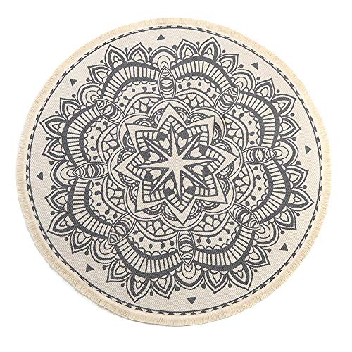 LEEVAN Round Area Rug,Hand Woven Cream Chic Bohemian Mandala Print Tassels Door Mat,Indoor