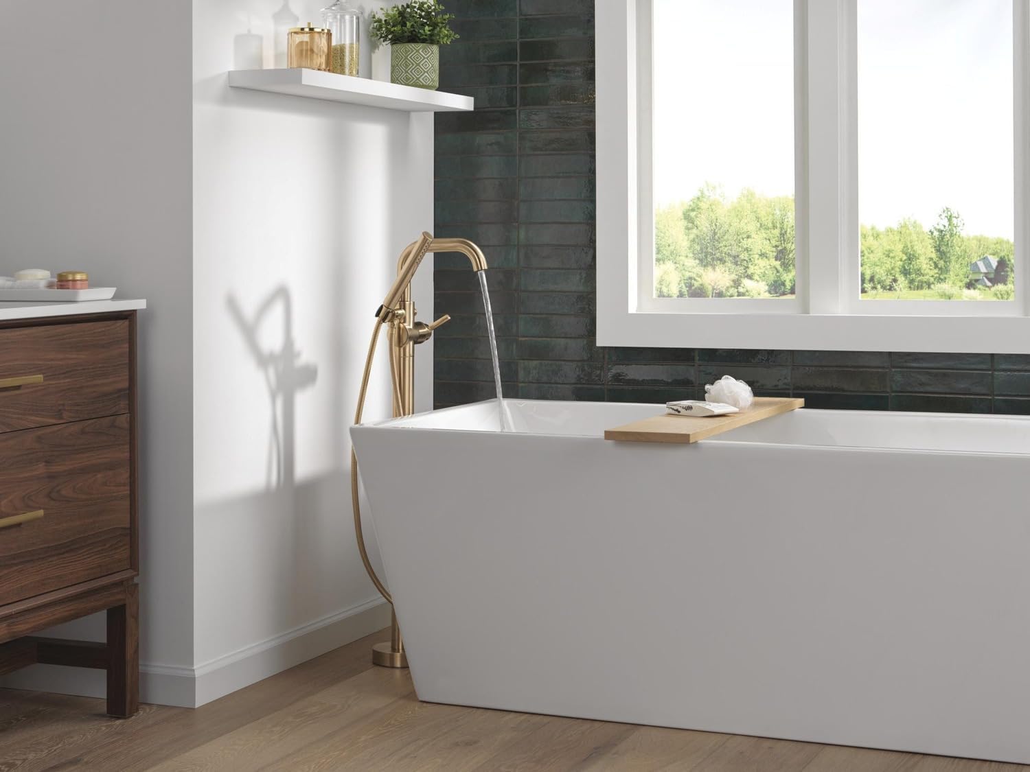 Delta Faucet Trinsic Floor Mount Tub Filler - Freestanding Roman Tub Spout with Handheld Shower - Flexible Shower Hose - Double Check Valves - Champagne Bronze, T4754-PNFL (Rough Sold Separately) - Image 2