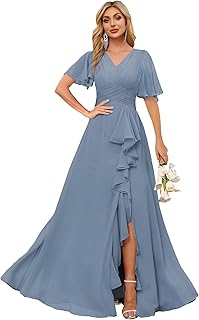 V Neck Short Sleeve Chiffon Bridesmaid Dresses for Women Long Split Ruffled Formal Evening Dress MAOF020 - Buy now