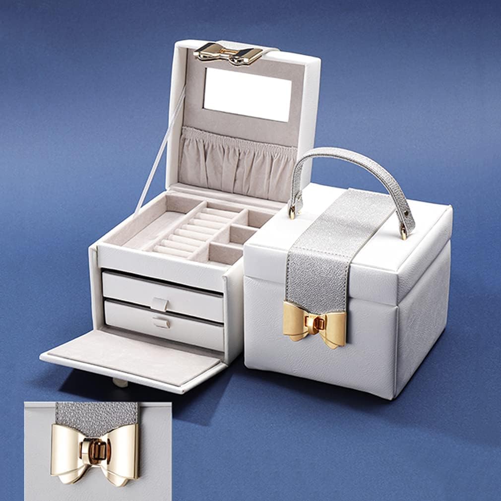 JUVIW Jewellery Box, White Leather Jewel Case, Portable Travel Jewellery Storage Box, Three Layer Space, Removable Divider, Large Jewellery Box, Gift for Girls or Women