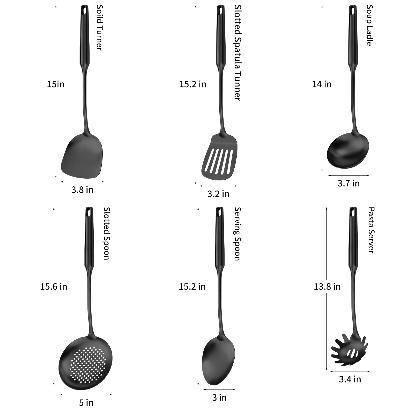 Küchenhelfer aus 304 Edelstahl, Küchenhelfer mit Pfannenwender, solider Löffel, Schöpflöffel, Skimmer, Spaghetti-Löffel, 6-teiliges Set, spülmaschinenfest (schwarz)