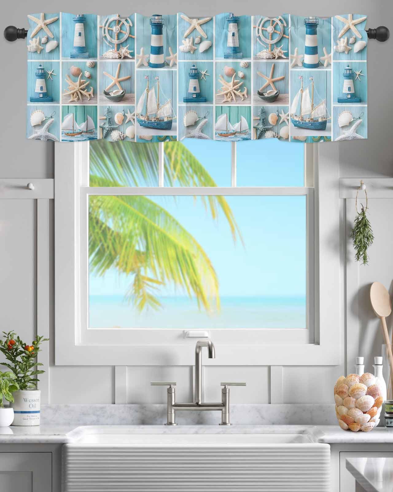 Chucoco Valance for Kitchen Windows, Ocean Theme Retro Lighthouse Rod Pocket Valances Short Curtains, Summer Ocean Starfish Shell Curtain Valance for