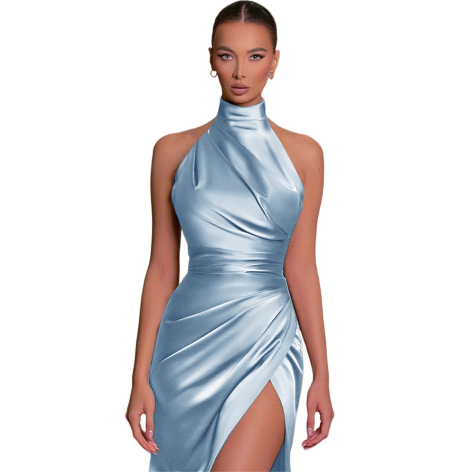 Vestito Elegante Donna Raso Maxi Abito Halter Collo Schienale Laterale Fessura da Sera per Cocktail Party-Champagne-XL