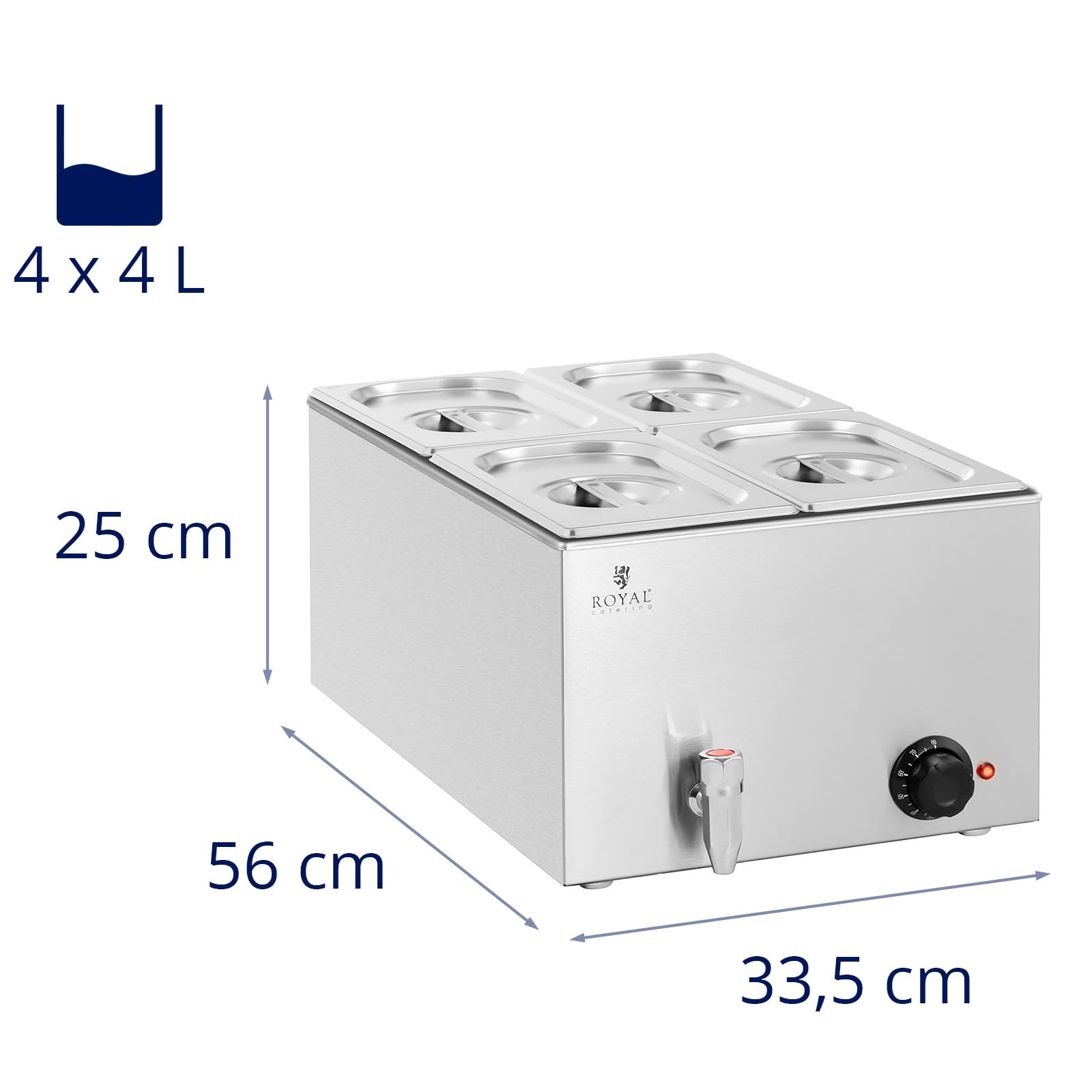 Royal Catering RCBM_GN1/4 Bain Marie 600 W 4 GN 1/4 rubinetto di scarico per bagnomaria scaldavivande