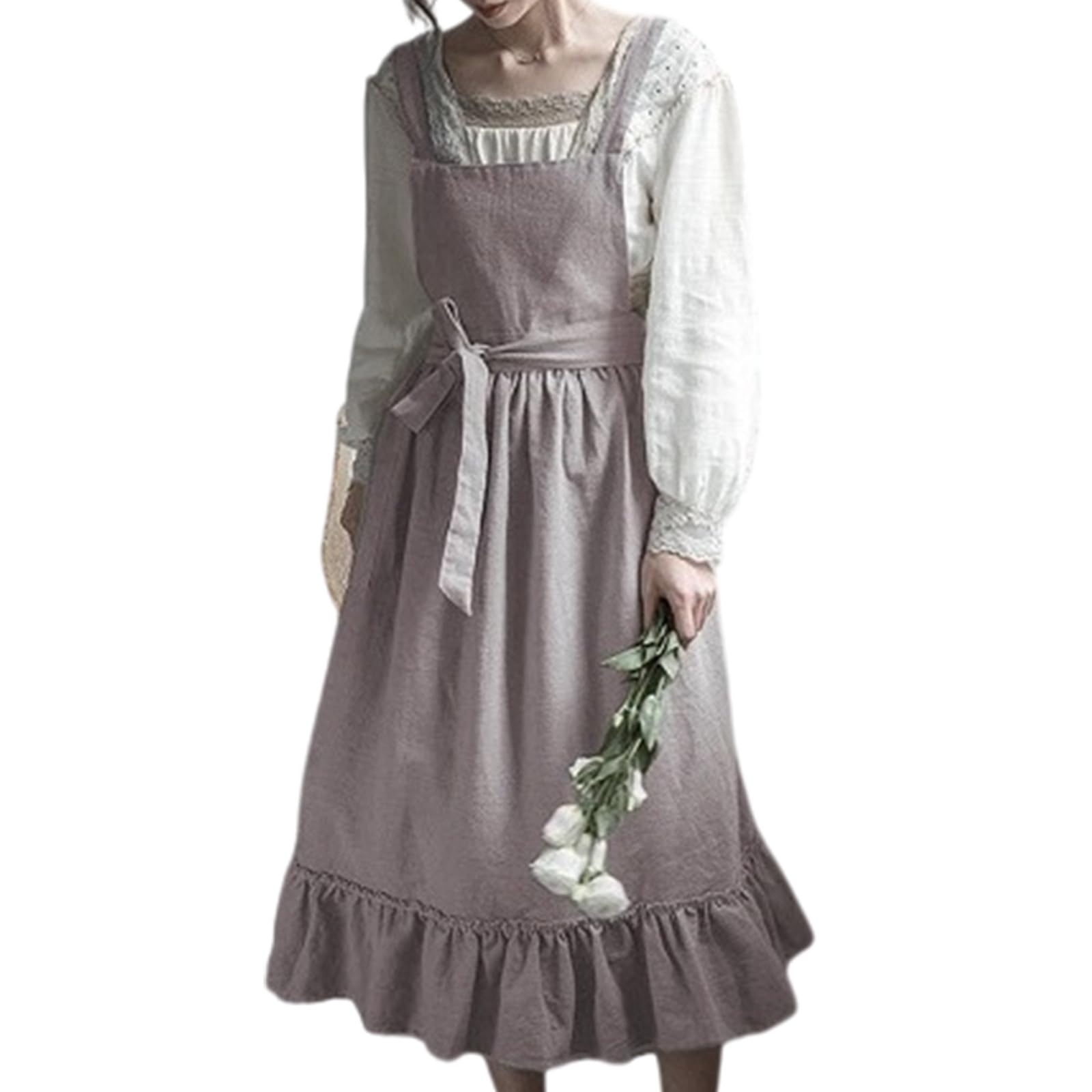 Grembiule in cotone e lino con volant per donne e ragazze, stile vintage, per cucinare, giardinaggio, lavoro, cameriera, grembiule con tasche