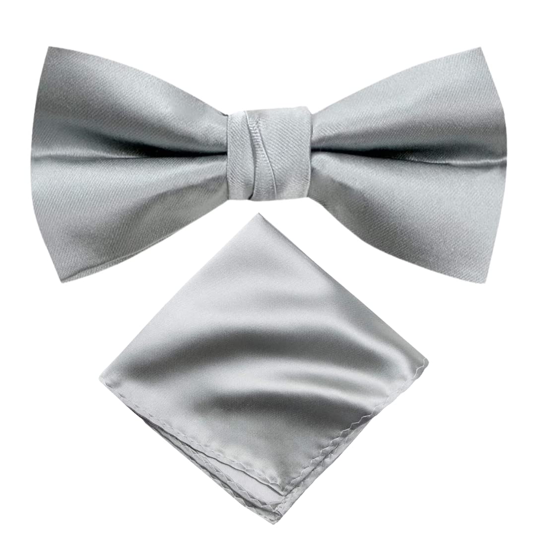 Premium Pre-Tied Satin Bow Tie and Pocket Square for Men | Handcrafted Bow Tie & Wedding Handkerchief for Suits, Blazers & Tuxedo for Formal Events & Weddings (Silver)-image-39