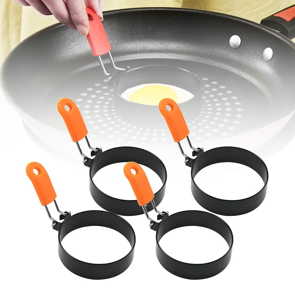 2024 New Stainless Steel Egg Rings for Frying - Round Cooker Rings, Pancake Shapers With Orange Silicone Handle Non-stick Molds for Kitchen Breakfast Tool (A-4Pcs Orange)