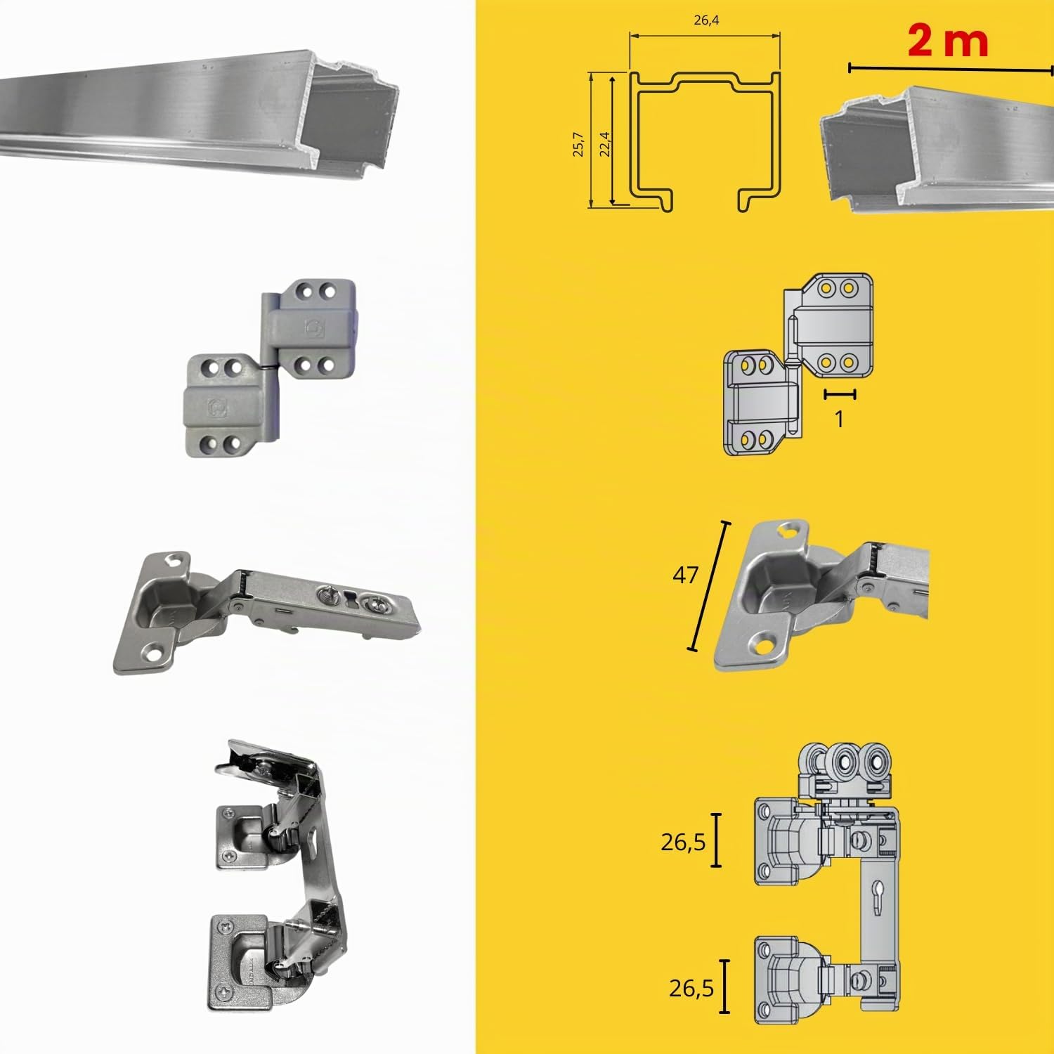 Kit de herrajes para puertas de libro con riel deslizante para armario, estante plegable con bisagras amortiguadas Soft Indaux – 1 o 2 pares de puertas (1 par de puertas, bisagras de cuello recto (0).