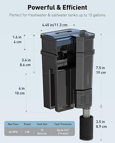 Miniatura 7 de Pawfly Filtro de acuario de 3 W, filtro de tanque de peces de 15 galones, filtro de acuario para colgar en la parte posterior de 60 GPH con flujo de