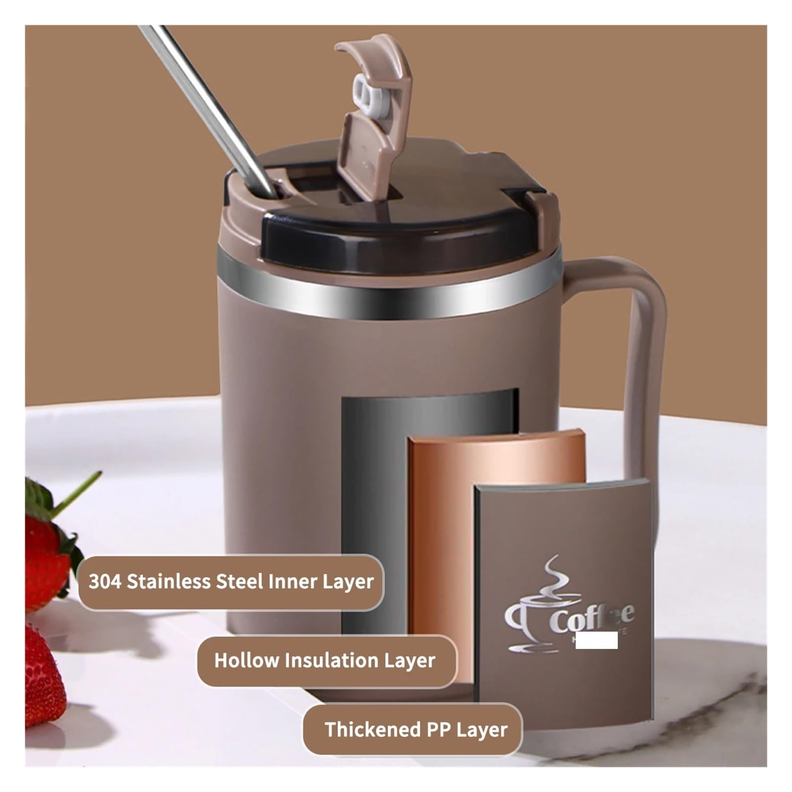 Trinkbecher aus Edelstahl 304, doppellagiger isolierter Kaffeebecher mit Klapplöffel und Sieb, wiederverwendbarer Becher für Reise, Kaffee und Tee(500ml,Beige)