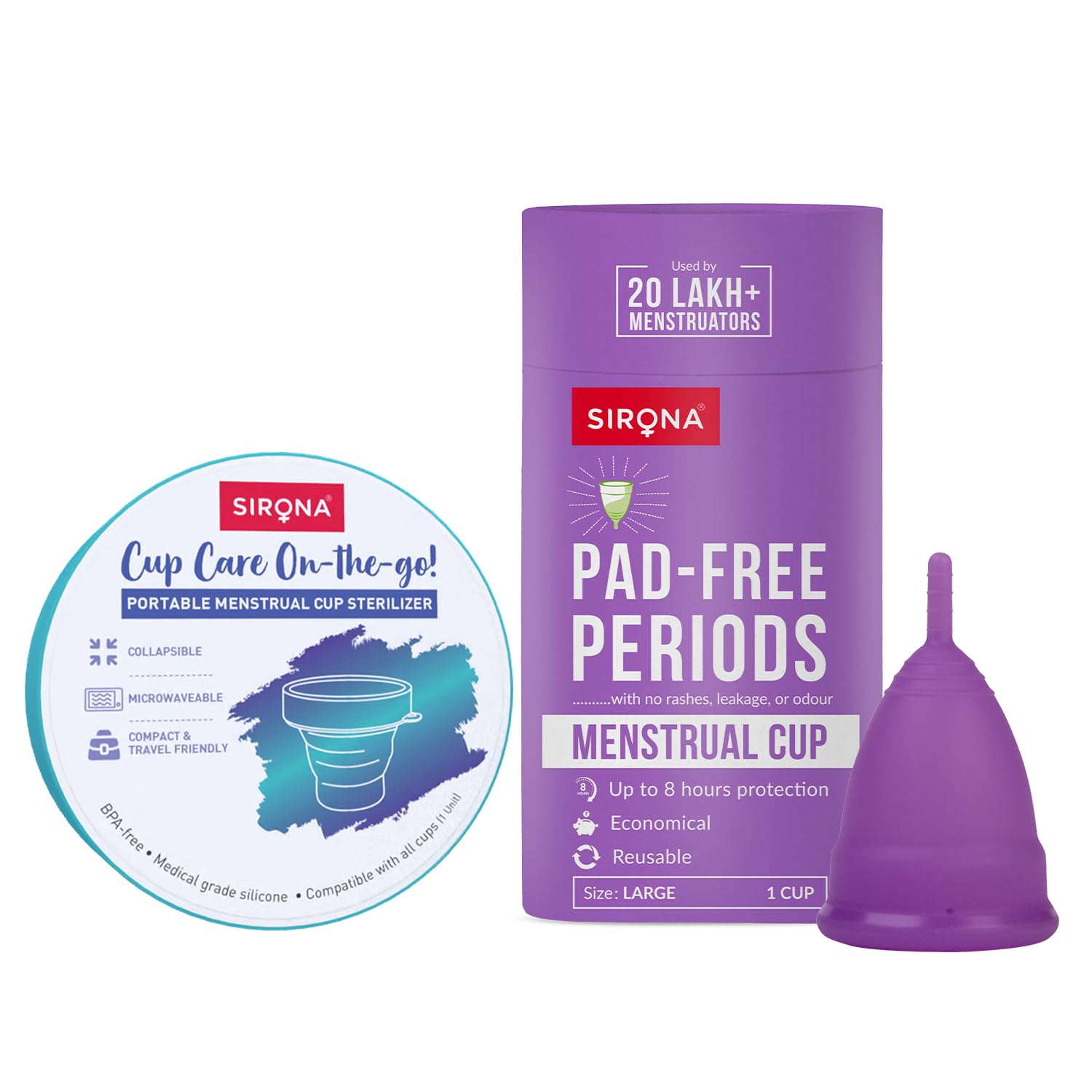 Sirona Reusable Menstrual Cup for Women (Large) with Collapsible Microwave-Safe Sterilizer - Pack of 2 | 100% Medical-Grade Silicone | Odour, Rash & Itch-Free Period Care with Quick Steam Cleaning