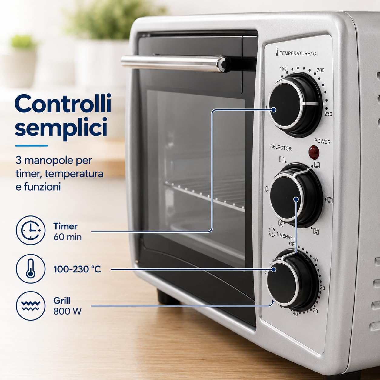 BLU F19 PLUS Forno Elettrico Ventilato 19 L, 1380 W, Grill 800 W, Timer 60 Min, Termostato 100-230 °C, Doppio Vetro, Leccarda, Griglia e Vassoio Briciole, Nero/Silver
