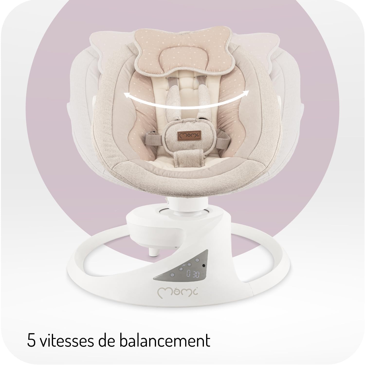 Balancelle MoMi Pearl 9 kg, siège 360°, LED, Bluetooth, télécommande, piles ou secteur, câble USB, harnais 5 points, arche avec jouets