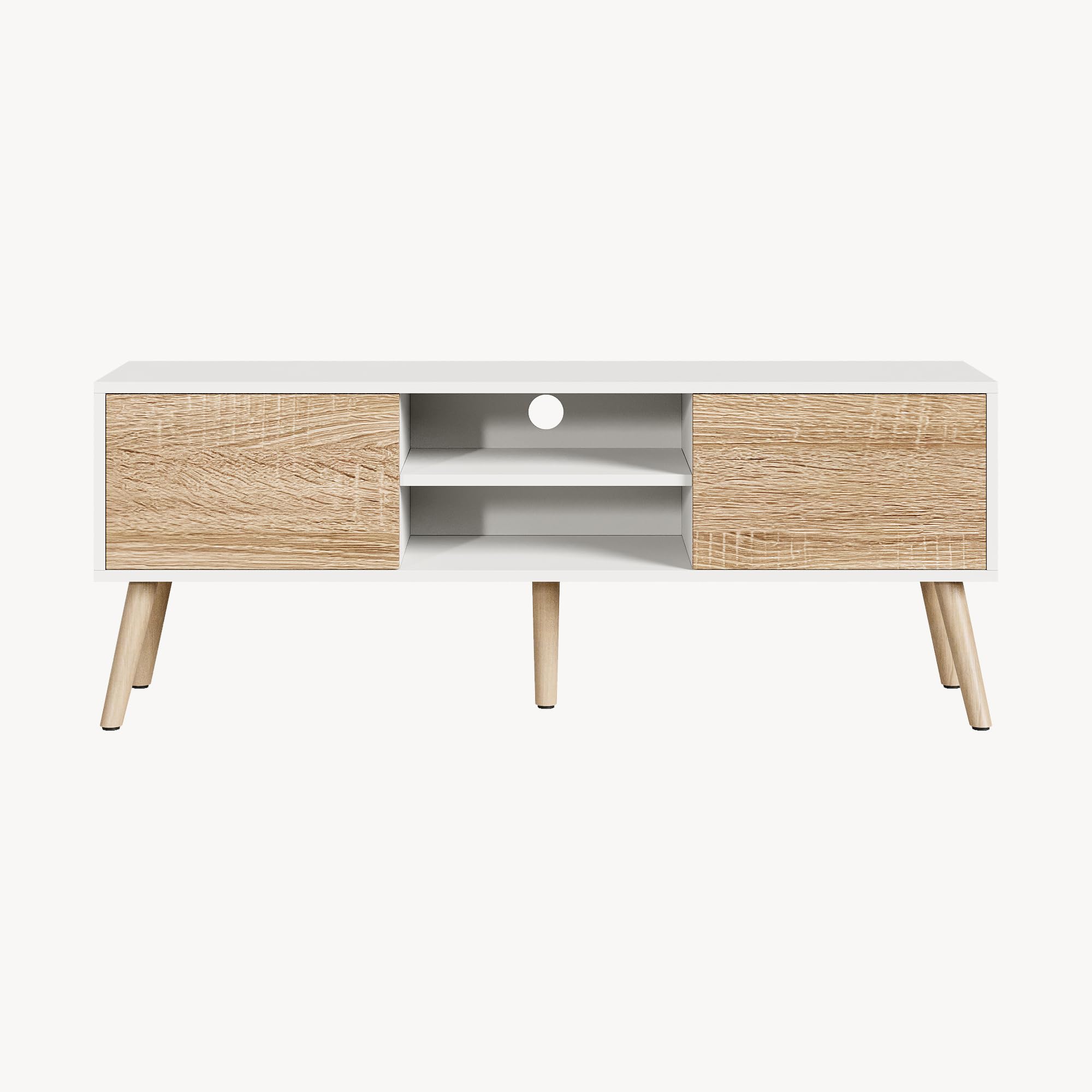 Meuble TV Design Support Télé Banc avec 2 Portes et 2 Étagères Panneau de Particules Mélaminé Pieds en Bois avec Revêtement PVC 120 x 30 x 47 cm Blanc Effet Chêne