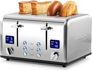 Toaster 4 Slices, Cusimax Stainless Steel Toaster with Ultra-Clear LED Display & 4 Extra-Wide Slots, Defrost/Reheat/Cancel Function, 6 Browning Settings, Removable Crumb Tray, Silver