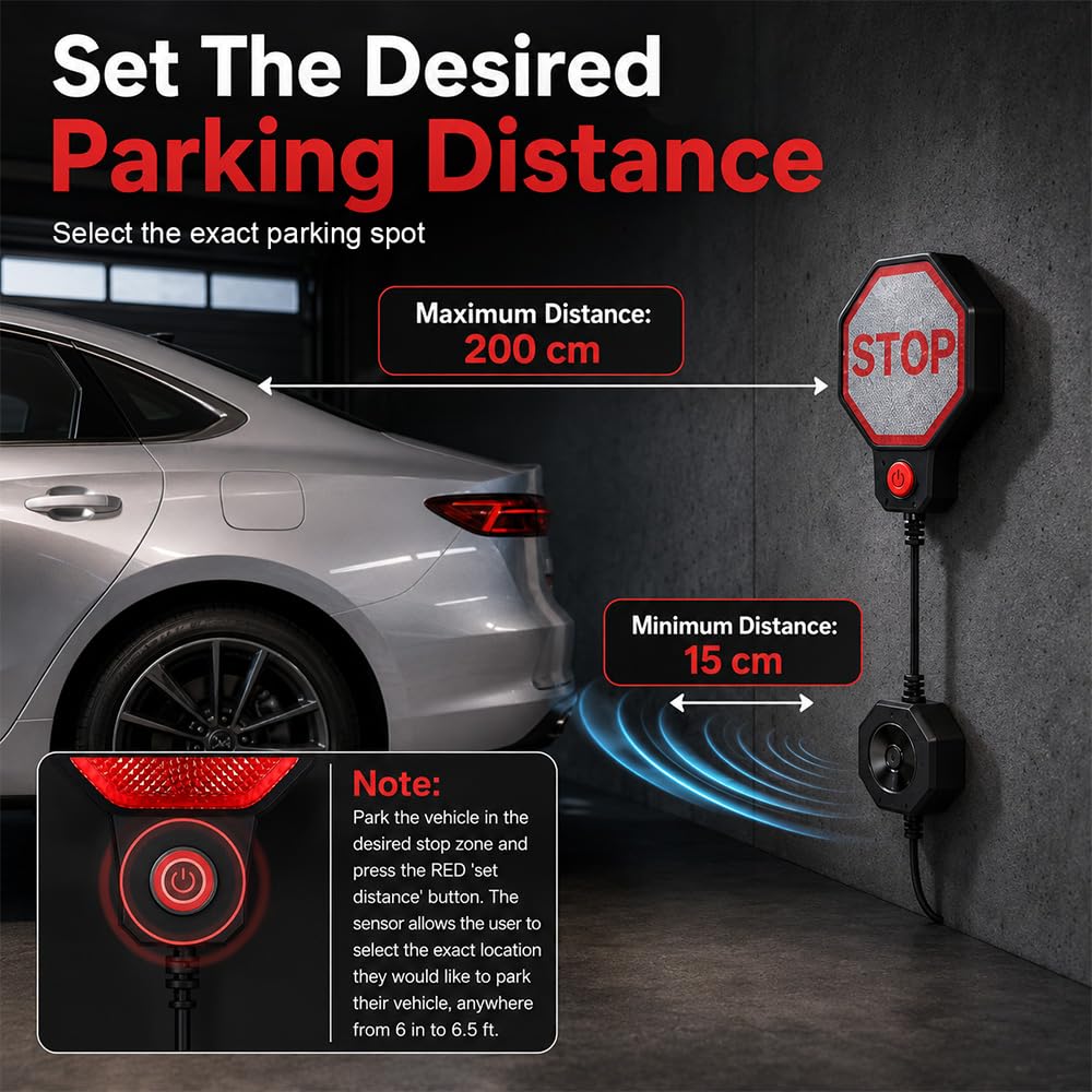 Einstellbare Garagen Einparkhilfe, SGZIOO Ultraschall Einparkhilfe Garage mit Rot-Gelb-Grüner LED-Anzeige, Präzise Abstandsmessung, Akustischer Optischer Alarm Parksensoren Hinten für PKW, SUV, LKW