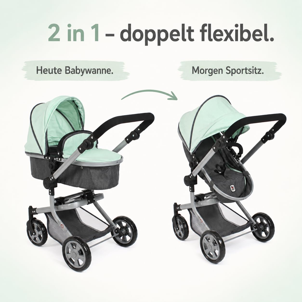 Bayer Chic 2000® Wózek dla lalek Mika 2 w 1, miętowy, składany, z regulacją wysokości 47-80 cm, nowoczesny stelaż, lalki do 52 cm, 4-8 J.