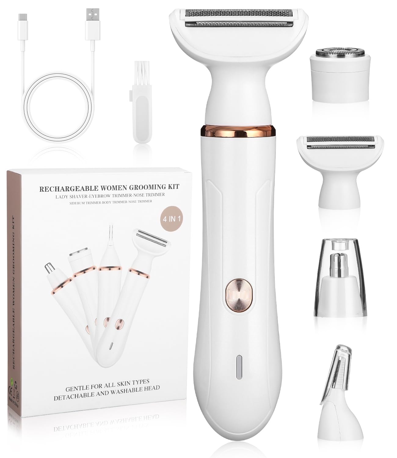 Bixury Afeitadora Eléctrica Profesional 4 en 1 para Mujer - Recargable, Depiladora de Cejas, Rasuradora para Bikini, Axilas, Brazos, Cara, Nariz - Recortadora para Zona Íntima