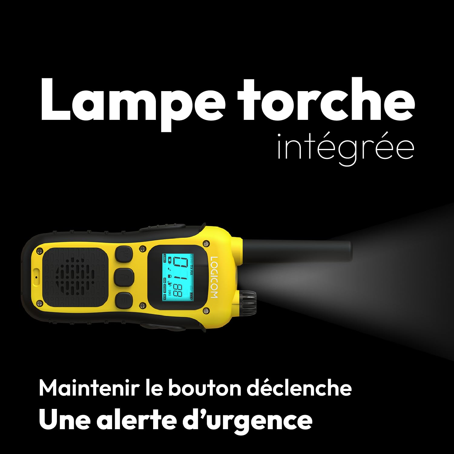 Logicom - Adventure Walkie-Talkie PMR446 IP54 Portata 10 km autonomia 20h schermo LCD USB-C Torcia VOX Vivavoce 16 canali Batteria 1000 mAh Confezione da 2 radio