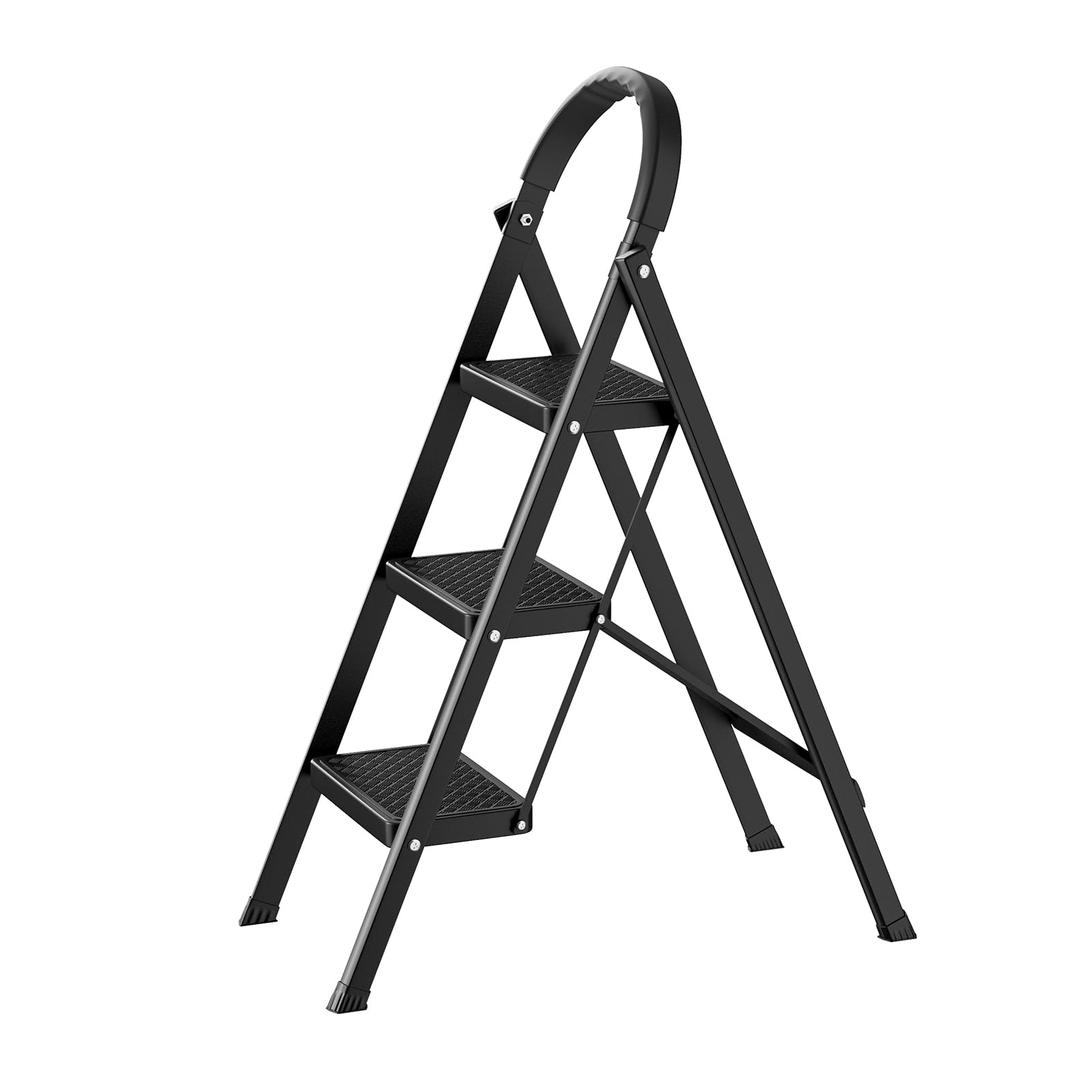 3 Step Ladder, Folding Step Stool with Anti-Slip Pedals and Rubber Feet, Heavy Duty Steel Frame, 150kg Capacity, Portable for Home and Kitchen Use (Black)