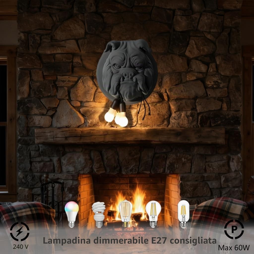 Applique da parete Bulldog francese E26 Applique in resina Bulldog Lanterna da parete creativa Illuminazione a parete a forma di testa di animale per studio Sala da pranzo Bar (Colore: Nero)