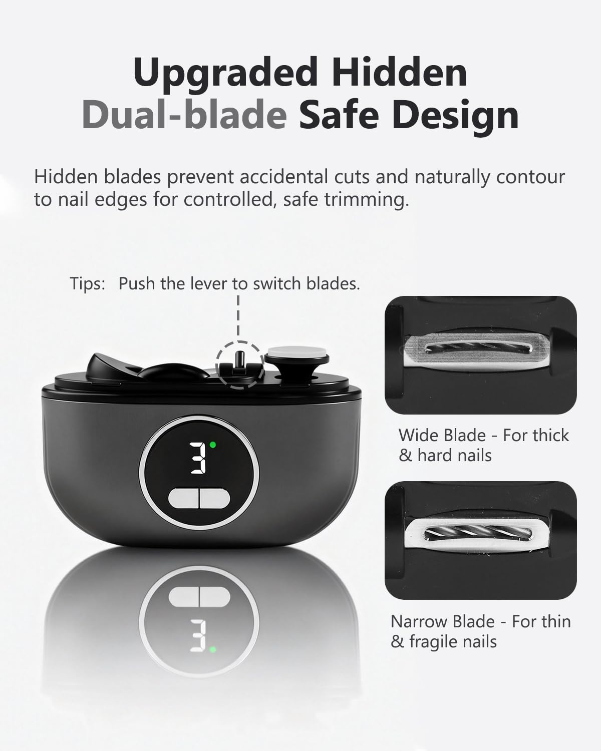Aokitec Elektrischer Nagelknipser mit doppeltem Sicherheitsklingendesign LED-Licht 3-Speed, 2-in-1 Nagelschneider, Elektrische Nagelfeile, 100% Hautsicher für Senioren & schwachen Griff, Grau