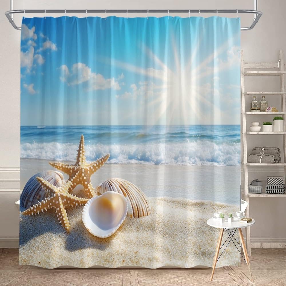 GLWDMB 1 Piece 180x200CM Seashells, Starfish and Ocean Waves Printed Shower Curtain With Hook, Polyester, for Windows And Walls, Bathtub, Bathroom, Machine Washable, All Season Universal