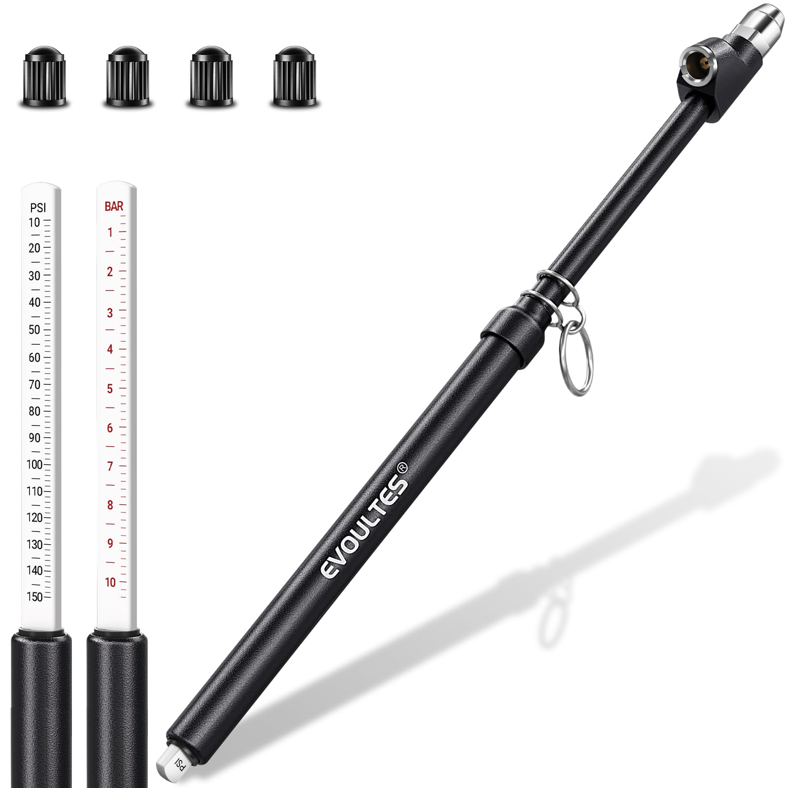 EVOULTES Heavy Duty Tire Pressure Gauge, Straight-On Dual Head Air Pressure Gauge Range 10-150 PSI, Air Gauge & 4 Valve Caps, Semi Truck Tire Gauge