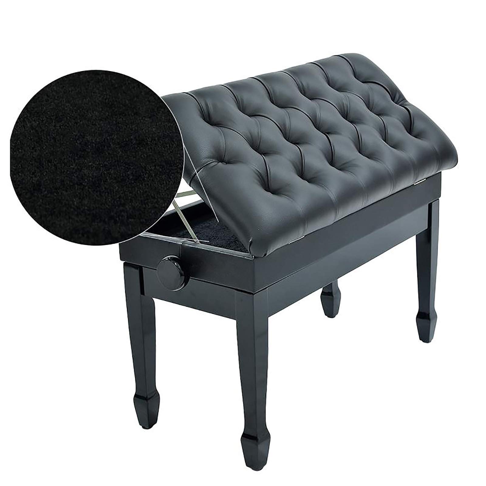 Sgabello regolabile per pianoforte con grande capienza in pelle PU nera e legno massiccio, stile vintage
