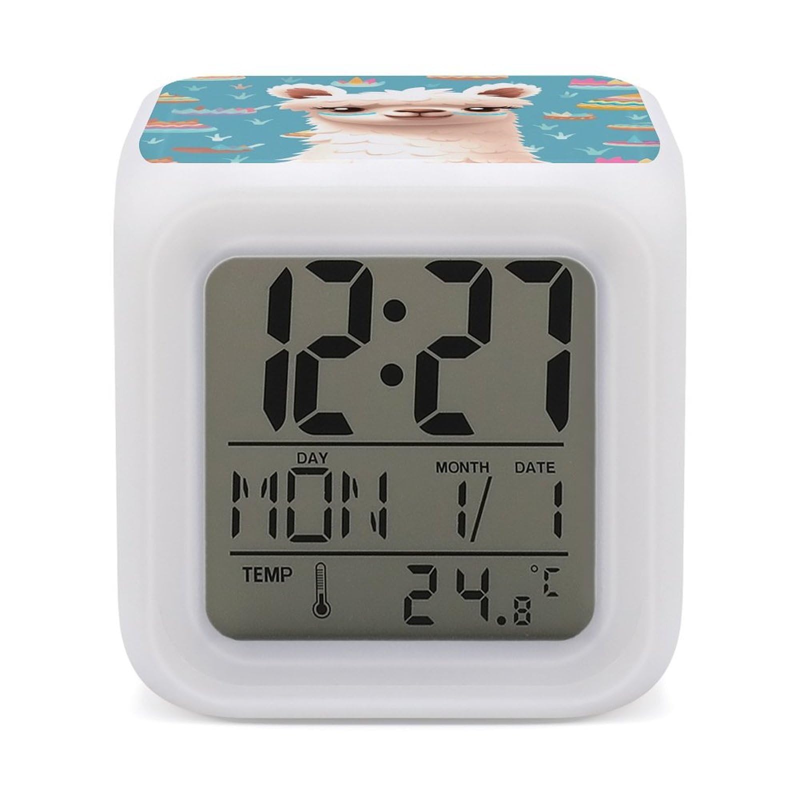VstaDank Alpaca Patterm Alarm Clock with 7 Color Changing Night Light Date Temp Display Wake Clocks LED Display Digital Clock Electric Desk Clocks for Living Office Bedroom Decor