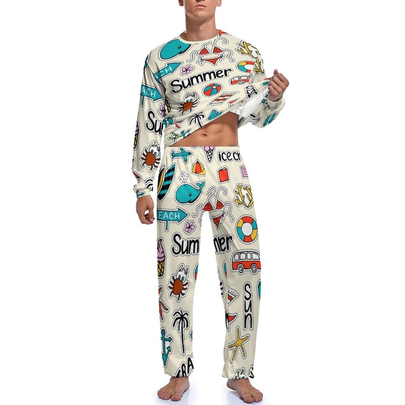 Sommer Herren Schlafanzug Lang Pyjama Set Nightwear Langarm Nachtwäsche Sleepwear