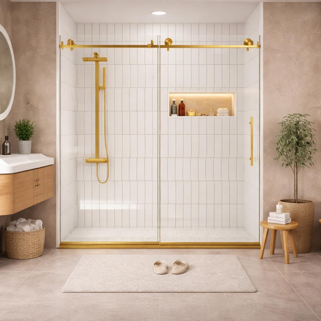 Frameless Shower Door 56-60 "W x 76" H, 1/4 "(6 mm) Clear Tempered Glass, Explosion Proof Film, Stainless Steel Handle,Brushed Gold