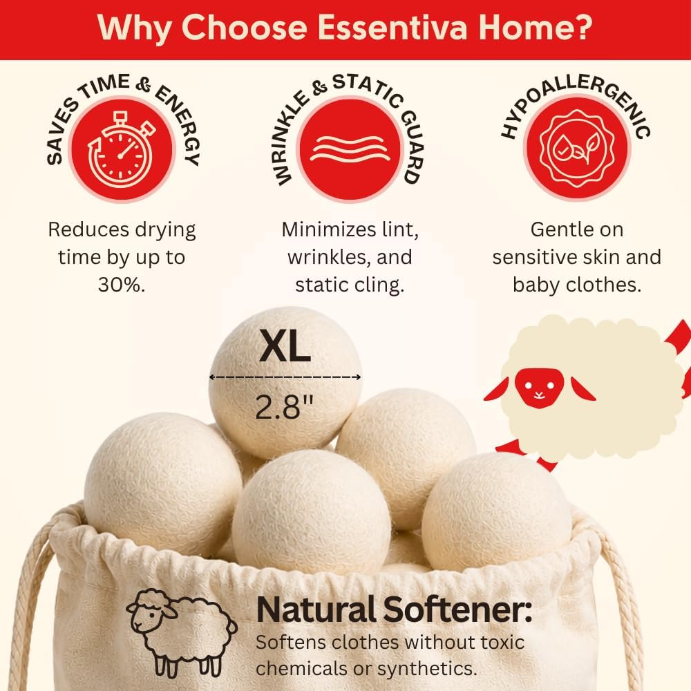 Wool Dryer Balls XL 6 Pack, Laundry Dryer Balls Reusable 100% New Zealand Wool, Natural Fabric Softener Anti Static Non Toxic, Organic Dryer Balls for Sensitive Skin and Baby Clothes
