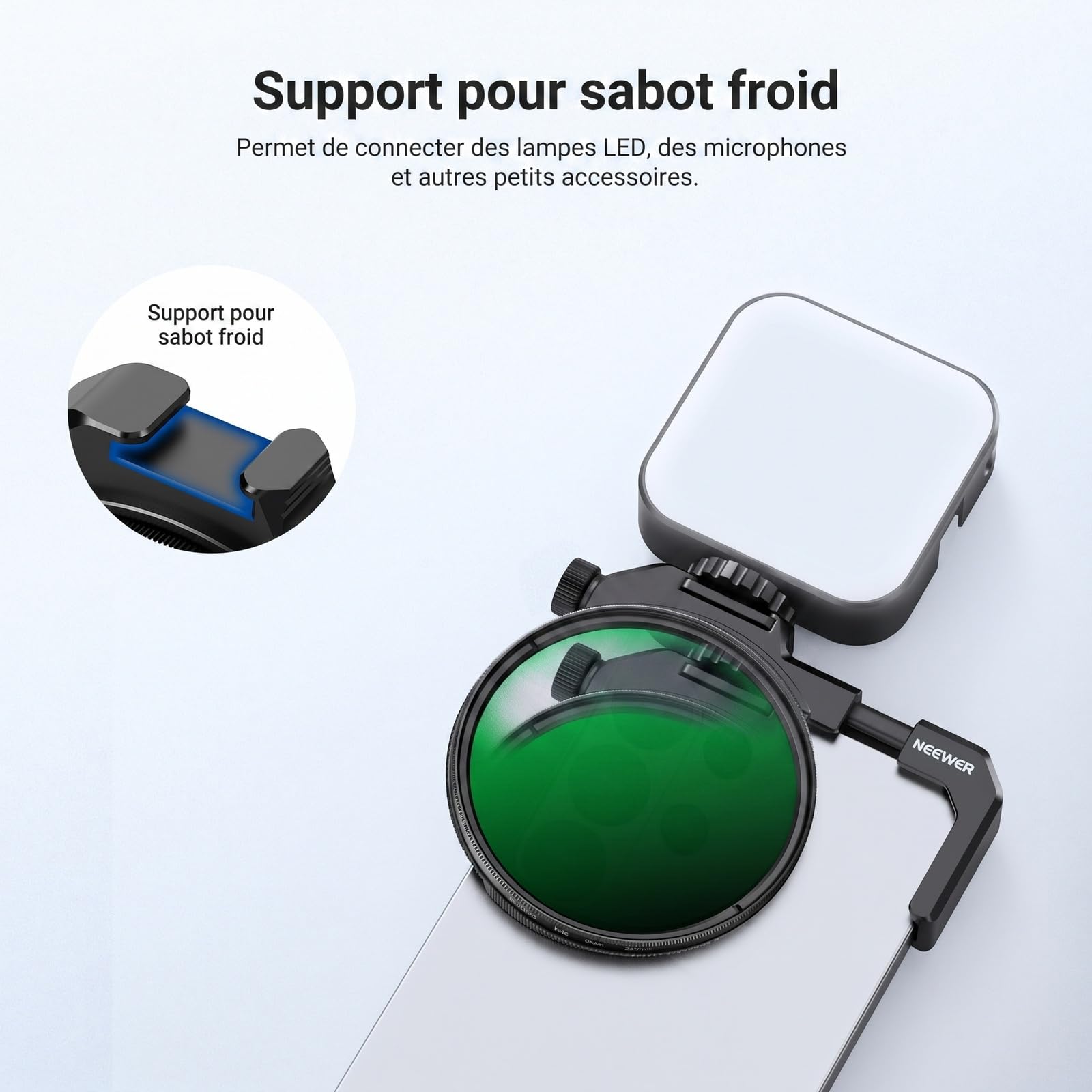 NEEWER 67mm Support de Filtre pour Téléphone avec Pince Réglable, Fixation pour Griffe Flash et Filtre CPL, Accessoires Photo Compatibles avec iPhone 17 16 15 14 Samsung Galaxy S26 Ultra S25, FL-112