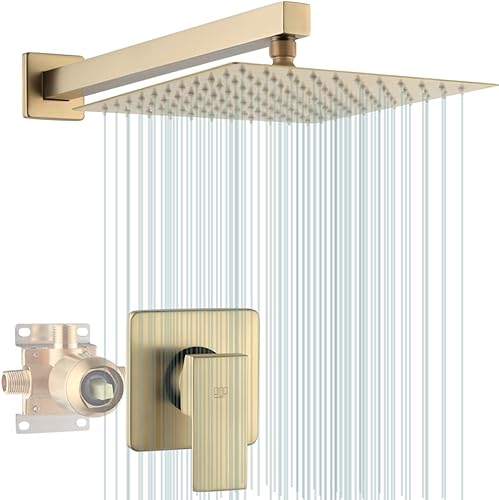 POP SANITARYWARE Juego de grifo de ducha dorado cepillado lluvia de baño 10 pulgadas sistema de cabezal de ducha mezclador de una sola manija con