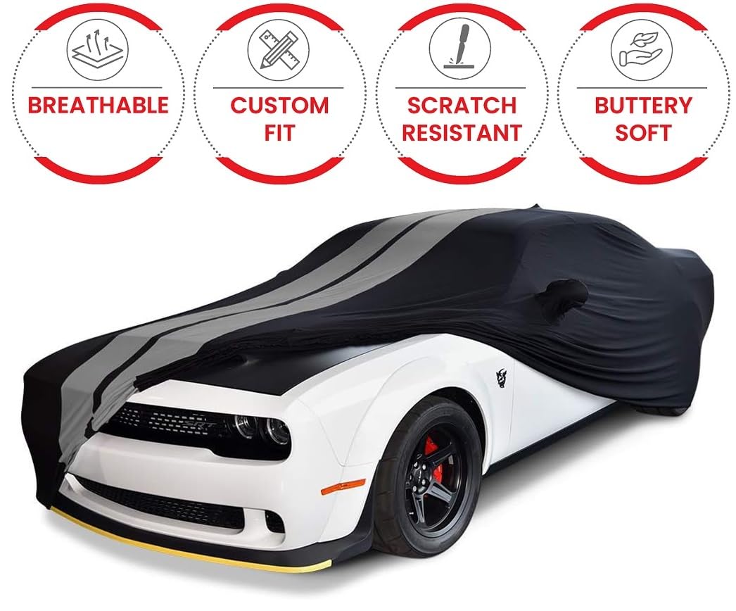 Dodge Challenger Custom Fit Car Cover - Indoor Ultraguard Stretch Satin - Protect from Dust - The Ultimate High End Fit for All 2008-2025 Dodge Challengers (Black with Gray Stripes)