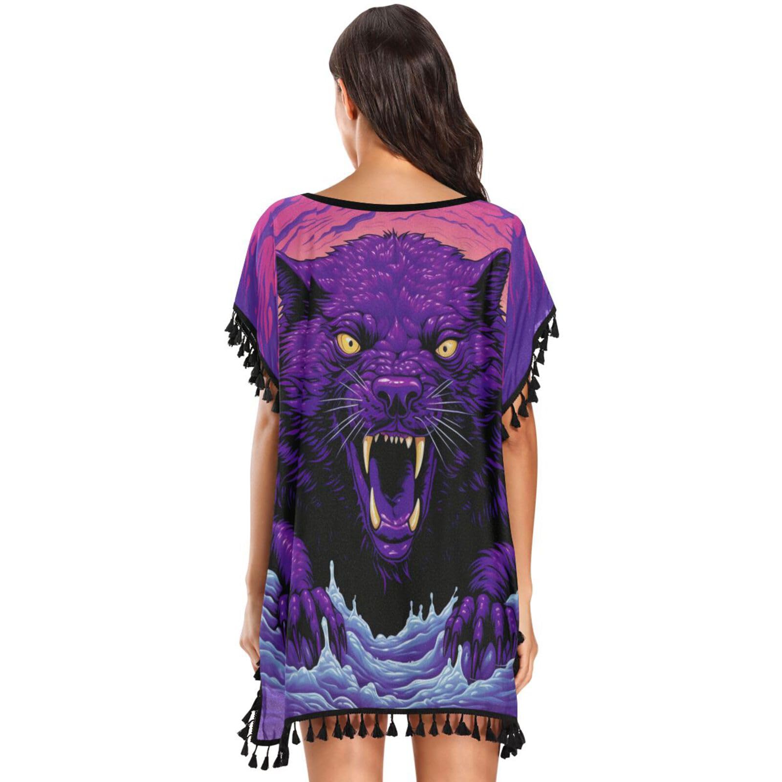 Devil Abstract Purple Cat Women's Beach Cover Up Chiffon Tassel Swimwear Swimsuit Coverups for Girl