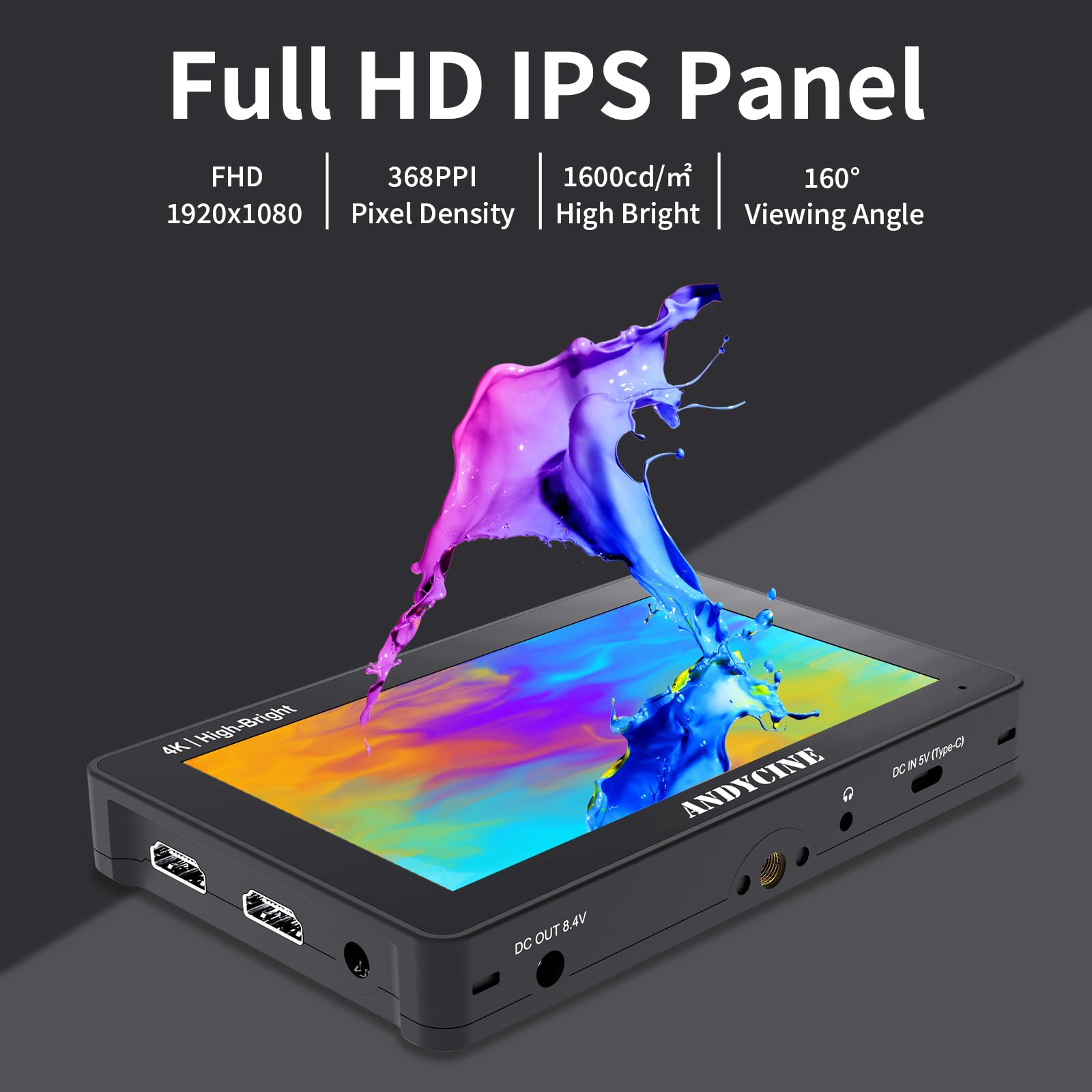 ANDYCINE A6 II 5.5 "Monitor della fotocamera, 1600 Nit 4K 60Hz HDMI HDR Touchscreen, 1920x1080P FHD DLSR Video Field Monitor, supporto forma d'onda 3D LUT Peaking Focus (con batteria, custodia per il
