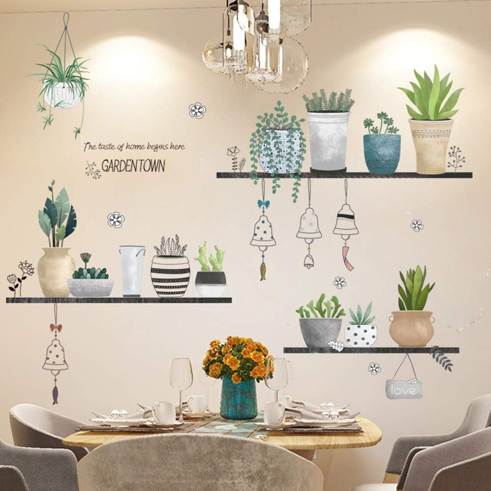 Green Pot Plants Leaves Wall Decals Wall Stickers for Bedroom Leaf Wall Mural as Wall Decor for Living Room | 90cm x 180cm Removable Stickers for Home Walls Decoration as Housewarming Birthday Gift : Tools & Home Improvement