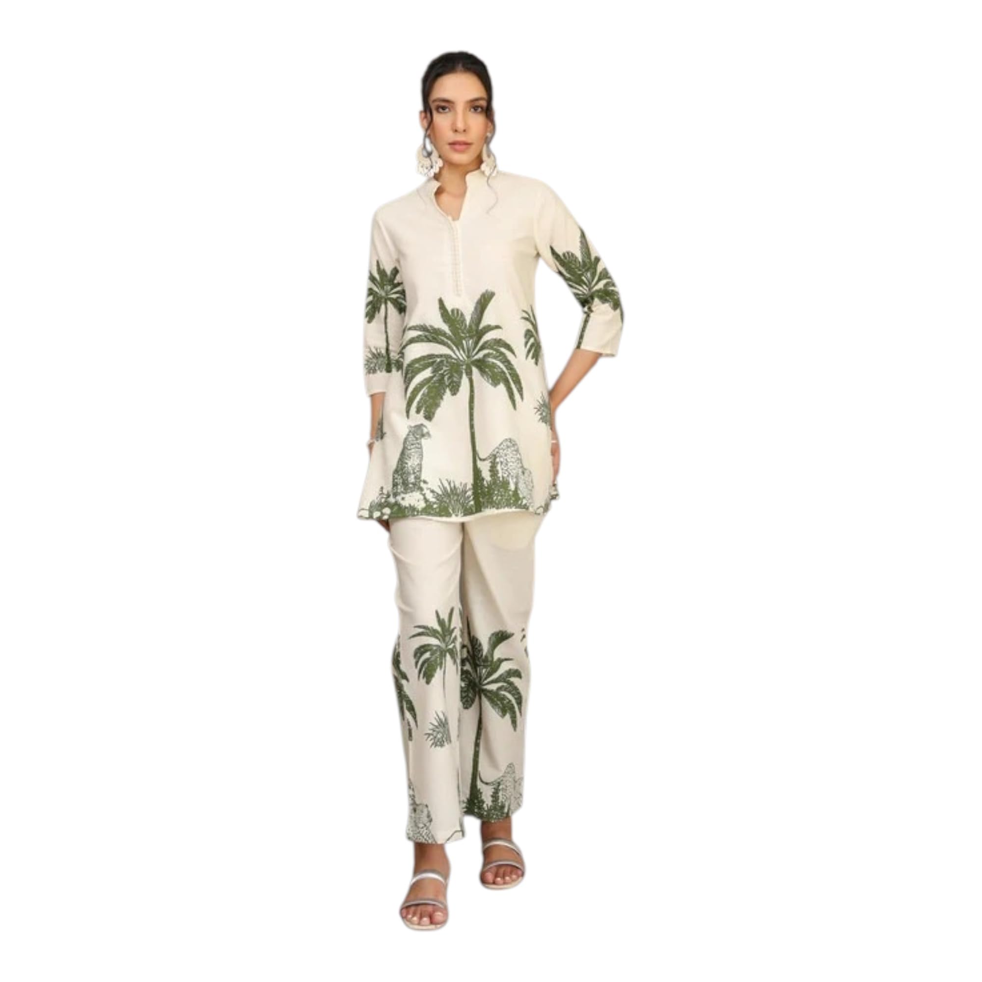 Women's Palm Print Cotton Coordinates Set, White and Green, Mandarin Collar Top with Pants-image-22