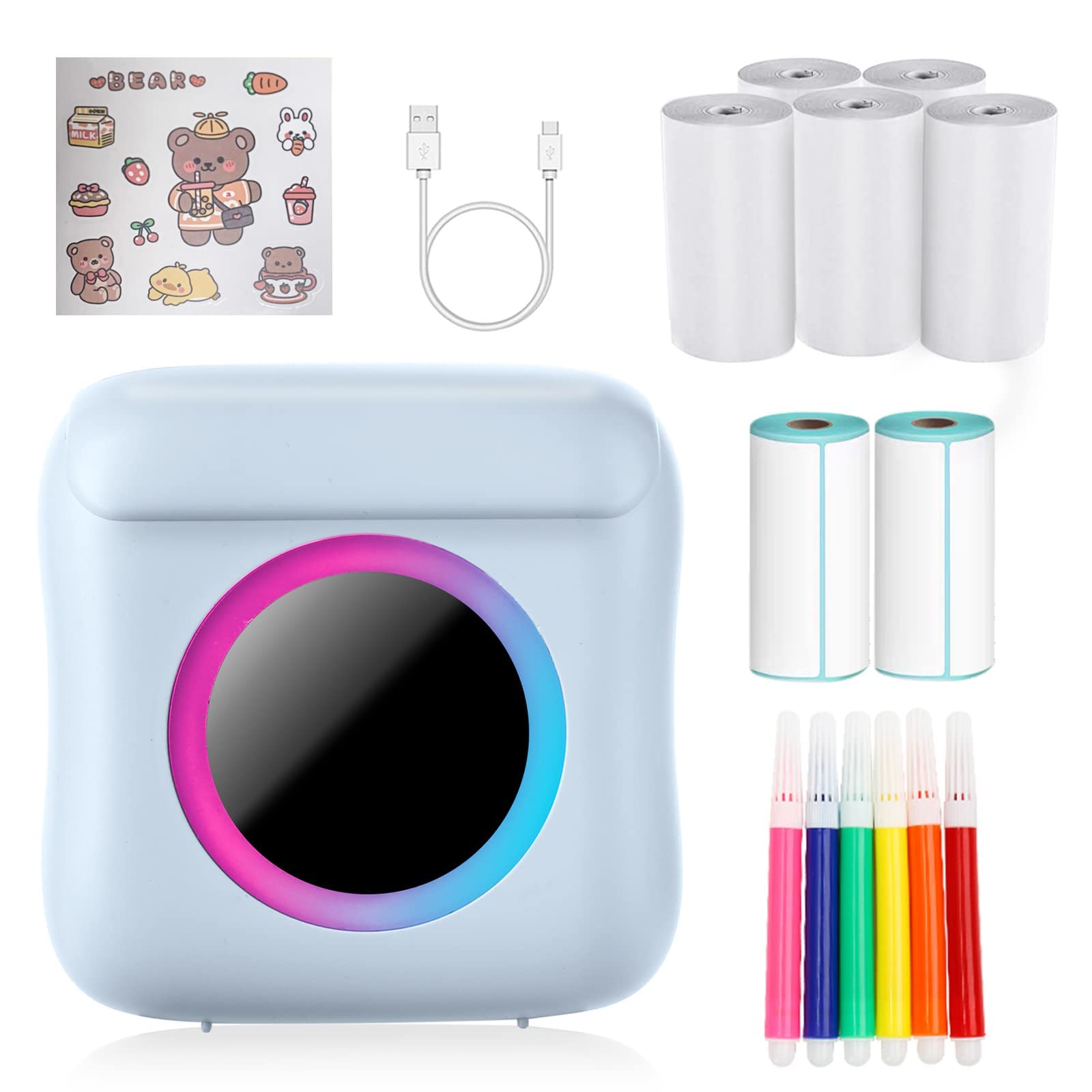 Azonee Portable Mini Printer, Mini Thermal Printer Bluetooth Photo Printer Inkless Pocket Printer with 7 Rolls of Paper for Picture/Label/Memo/Receipt (Blue)