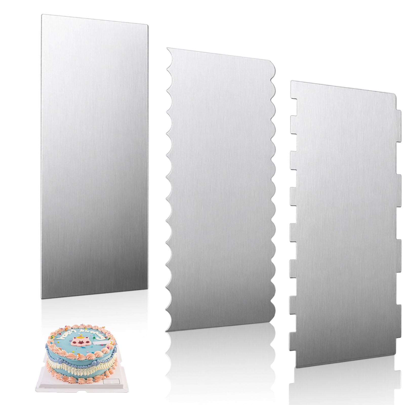 Kemay 3PCS Cake Scraper Set, Stainless Steel Cake Smoother with 6 Patterns, Professional Icing Frosting Buttercream Comb for Cake Decorating,9 Inch Metal Scraper for Baking Beginners and Professionals
