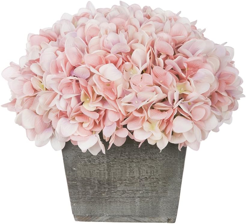 House of Silk Flowers Artificial Hydrangea in Grey-Washed Wood Cube (Baby Pink)