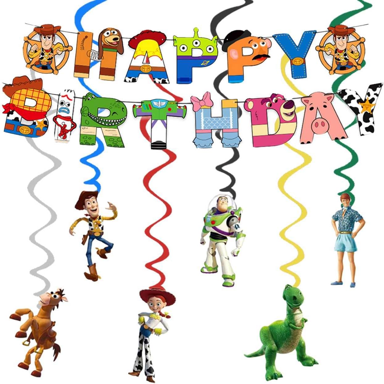 88pcs Toy Story Birthday Party Supplies Set, Including Happy Birthday Banner, Hanging Swirls, Aluminum Balloons, Plates, Cups, Tablecloth