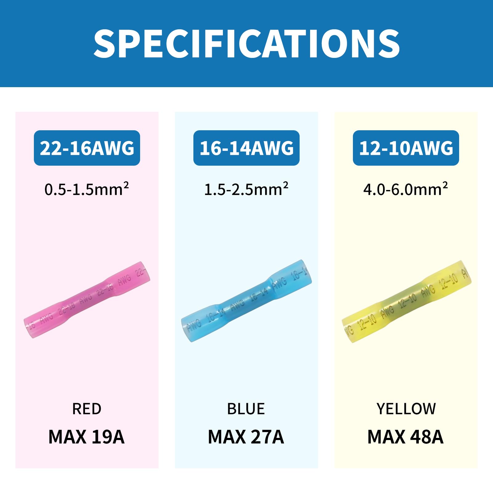 Conectores termorretráctiles, 200 conectores de cable eléctrico impermeables amarillos de 12 a 10 AWG, terminales de crimpado de alambre de grado marino, empalmes a tope para cable, barco