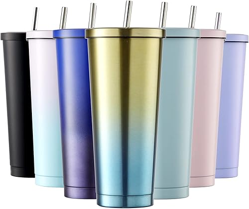 TKK Vaso de café aislado de acero inoxidable con tapa a prueba de salpicaduras y popote de metal, taza de viaje de doble pared de 25 onzas para