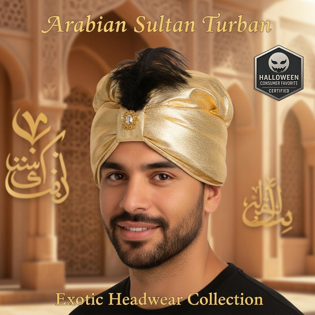 Arab Sultan India Turban Hat Vintage Aladdin Costume for Men Fancy Dress Up 17.3–20.8 Inch Head Size Halloween Party - Image 2